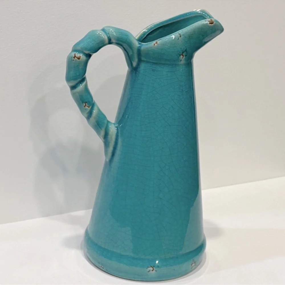 Vintage Pottery Vase Pitcher Water Jug Rustic Antique Glaze Turquoise Blue Green
